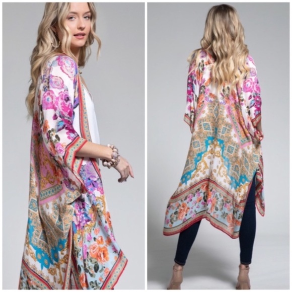 Accessories - SOLD OUT Ajoure Colorful Italian Baroque Floral Print Lightweight Kimono Open